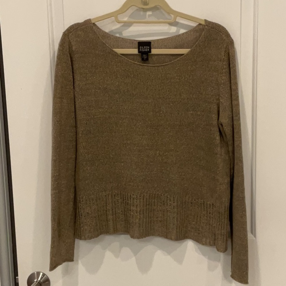 Eileen Fisher Brown Crew Neck Sweater Linen Knit Small